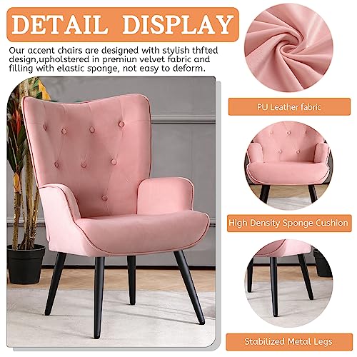 Furniliving Modern Accent Chair, Velvet Tufted Button Wingback Reading Chair Upholstered Comfy Lounge Chair With Arms High Back Side Chair With Solid Metal Legs For Living Room Bedroom, Pink #TOP3