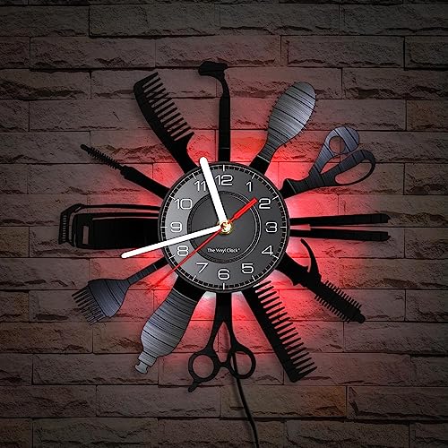 Timethink 12 Inch Barber Shop Tools LED Vinyl Record Wall Clock with 7 Colors Changing, Vintage Decorative Silent Non Ticking Analog Night Light Wall Clock Watch for Beauty Salon Hairdresser Gifts
