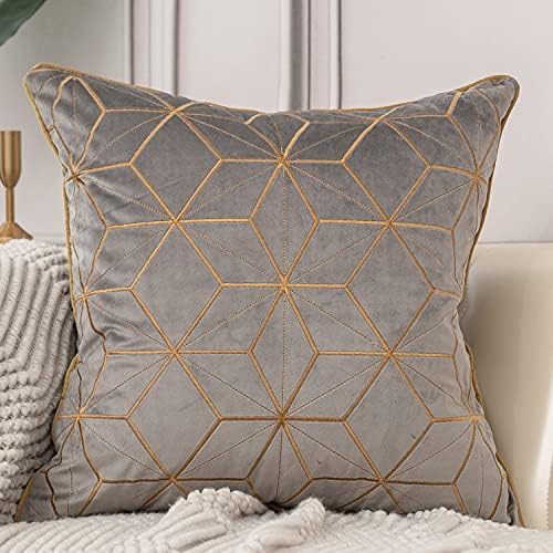 Aeckself 16 x 16 Inch Grey Gold Plaid Geometric Lines Embroidery Velvet Cushion Case Luxury Modern Square Throw Pillow Cover Decorative Pillow for Couch Living Room Bedroom Car 40 x 40cm