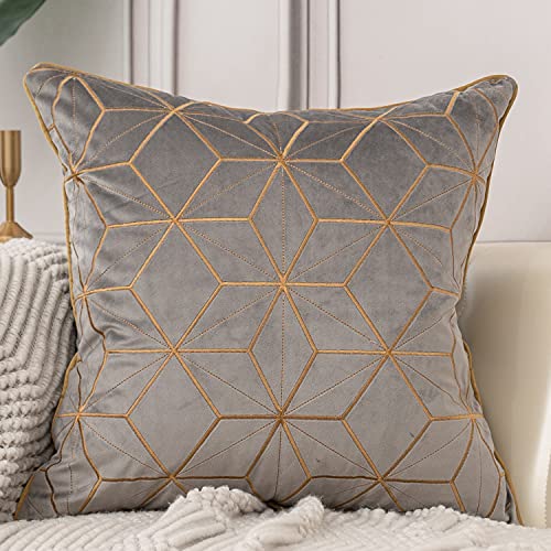 Aeckself 16 X 16 Inch Grey Gold Plaid Geometric Lines Embroidery Velvet Cushion Case Luxury Modern Square Throw Pillow Cover Decorative Pillow For Couch Living Room Bedroom Car 40 X 40Cm #TOP4