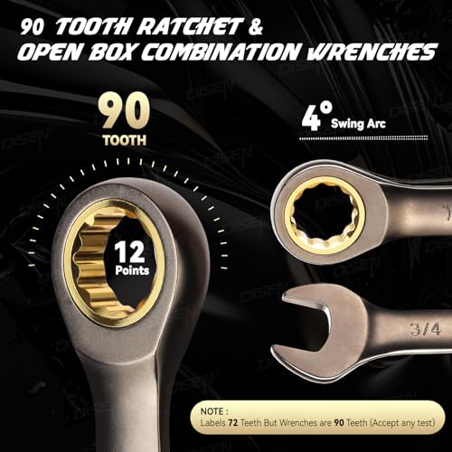 Image of DISEN 26 Piece Ratcheting Wrenches Set 90 Teeth, Combination Wrenches Set Metric 6MM-19MM and SAE 1 /4 Inch-13 /16 Inch, Cr-V Steel, Ratchet Set Nickel Plating with Organizer Visit the Store