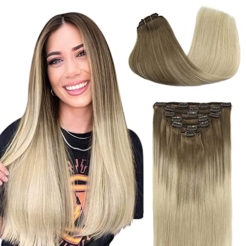 GOO GOO Clip in Hair Extensions Human Hair Ombre Ash Brown to Platinum Blonde 120g 7pcs 20 Inch Remy Human Hair Extensions for Women Straight Thick Weft Hair Extensions