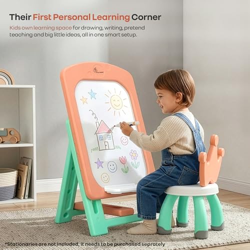 Image of R for Rabbit Little Genius Doodle Duo for Kids Whiteboard with Chair Set | 7-Level Adjustable Height Study Table for 3-7 Years | Foldable & Space Saving | Desk for Learning & Drawing (Peach Green)