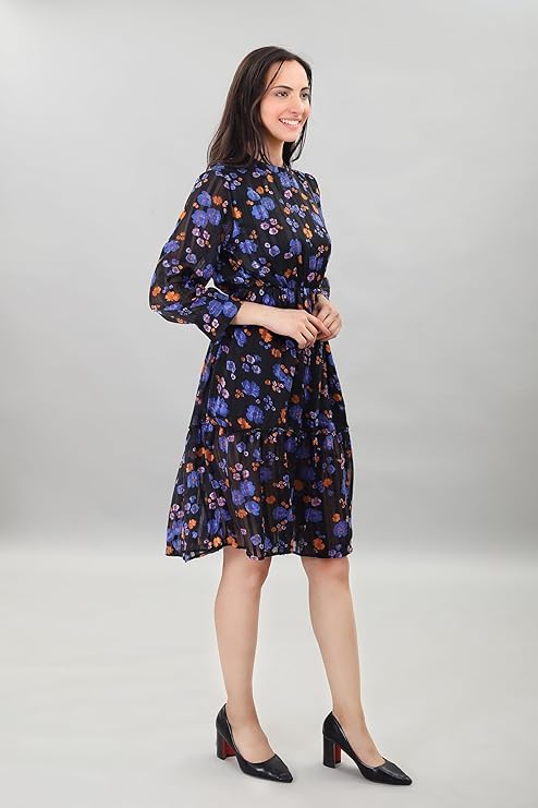 Image of A-Line Floral Printed Fit & Flared Western Brown Dress for Women | One Piece Midi Dress for Women Stylish Western Printed Dresses