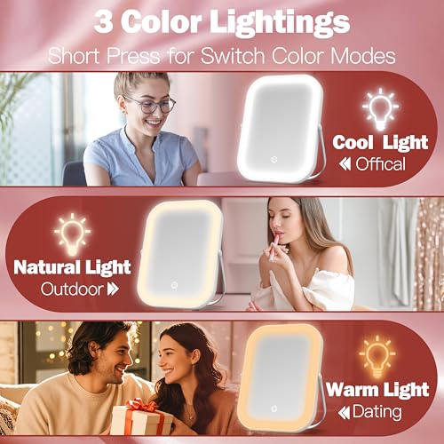 Image of ROLOVE Rechargeable Makeup Mirror, 6x8 Inch Portable Vanity Mirror with Lights, 3-Color Dimmable LED Lighting, Tabletop Mirror, Travel Essentials