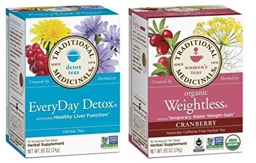 Traditional Medicinals Non-GMO Herbal Tea 2 Flavor Variety Bundle: (1) EveryDay Detox, and (1) Organic Weightless, 16 Bags Ea.