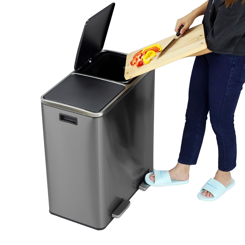 Panana 60L Poubelle à Double Compartiment 2 x 30L, avec 15 Sacs Poubelles, Pédales en Métal, 2 Seaux Intérieurs en Plastique, Couvercles, Poignées, Fermeture en Douceur (Gris)