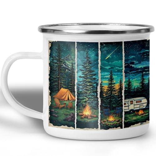 Forest Campfire Panel Camping Mug, 12oz Mug Scenic Tent and Camper Van Enamel Coffee Cup with Pine Trees and Starry Sky, Outdoor Campfire Cup for Nature Adventure, Lightweight Drinkware