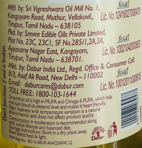 Image of Dabur Pure & Unrefined Cold Pressed Groundnut Oil | 1L | Naturally Cholesterol Free | 1L | Rich Aroma & Flavour of Authentic Groundnuts | Contains Natural Antioxidants | Finest Quality Groundnuts | Naturally Rich in Unsaturated Fats