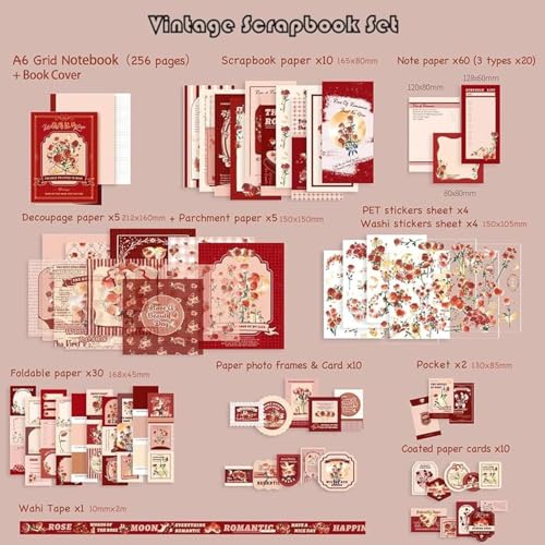 Image of VIBEVISTA Vintage Aesthetic Scrapbook Kit, 346 Pcs, A6 Grid Notebook, Washi , Envelopes, Scrapbook Papers, Folding Labels, Background Papers, Photo Frames, Calendar Stickers, Stickers (The Words of the Rose, Rose)
