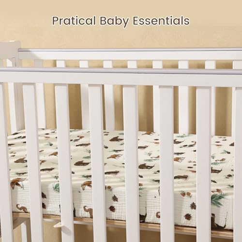 Image of david's kids Muslin Mini Crib Sheets, 2 Pack Cotton Pack N Play Sheets for Boys, Soft Breathable Baby Sheets Fit Pack N Play, Playard and Mini Crib Mattresses, Woodland Animal