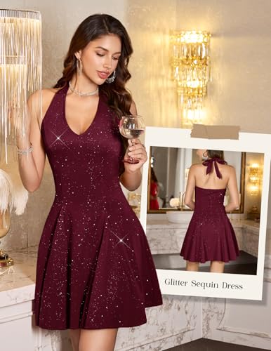 Image of HomRain Glitter Sparkle V Neck Cocktail Dress for Women 2026 A Line Backless Halter Sequin Homecoming Evening Party Dresses