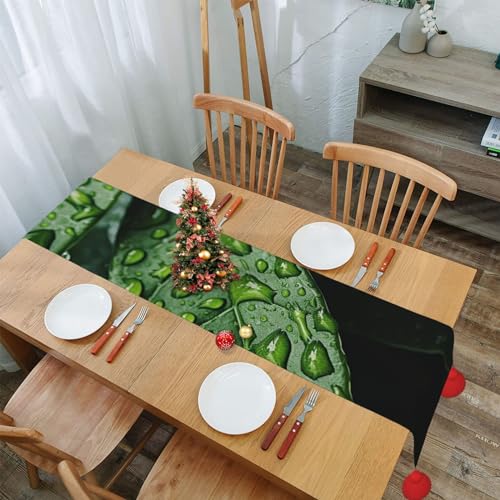 Chemin de table feuilles vertes 152cm en coton lin rustique avec pompons - 8
