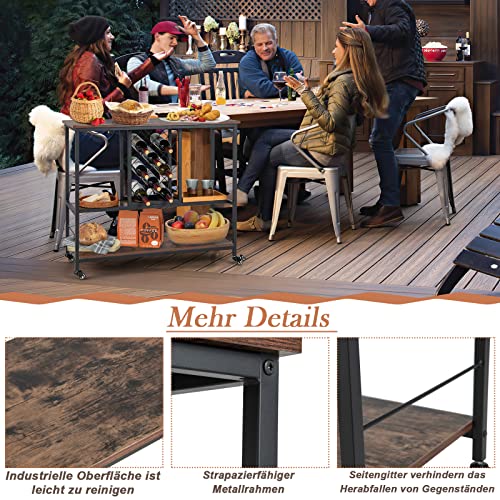 COSTWAY Bäckerregal auf Rollen, Servierwagen mit Weinregal und Weinglashalter, Mobiles Küchenregal mit Ablagen, Küchenwagen Rollwagen Metall, Beistellwagen Vintage, Dunkelbraun, 100x40x87cm - 5