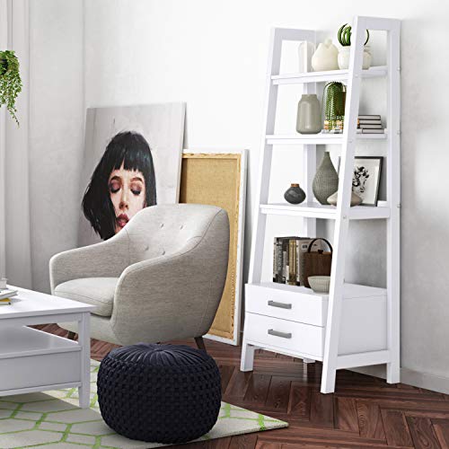 Image of SIMPLIHOME Sawhorse Bookcase - 72 inch Tall Solid Wood Ladder Shelf with Storage in White, Modern Industrial Display for Living Room, Study Room or Office with Open Shelves and Drawer Cabinet