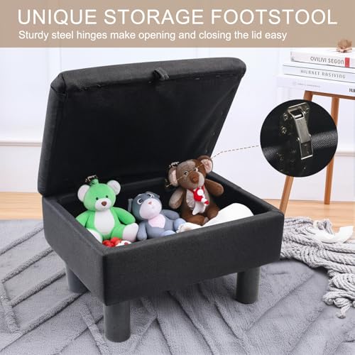 Gemsaya Leinen Pouffe-Fußhocker mit Stauraum, Leinenstoff-Pouf mit Holzbeinen, Aufbewahrungsbox Sitzwürfel mit Deckel für Wohnzimmer Schlafzimmer Flur (Schwarz)