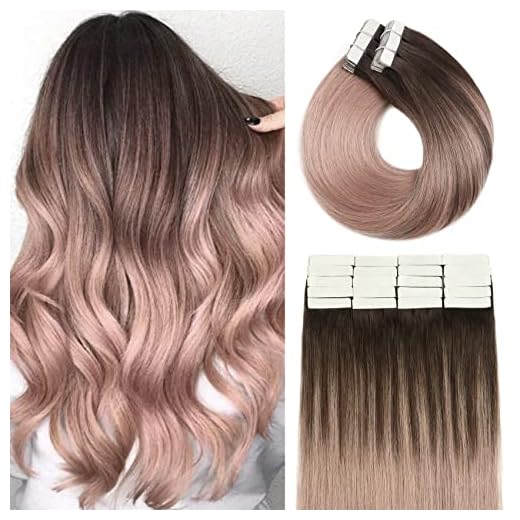 Tape in Hair Extensions Dark Brown to Pink Gray Ombre 20pieces 50g Remy Human Hair Extensions Balayage Tape in Human Hair Natural Hair Extensions 20inch