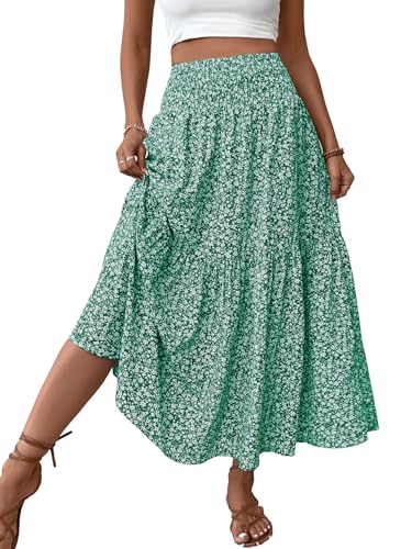 Women's Smocked High Waist Maxi Skirt Casual Boho Long Skirts wit...