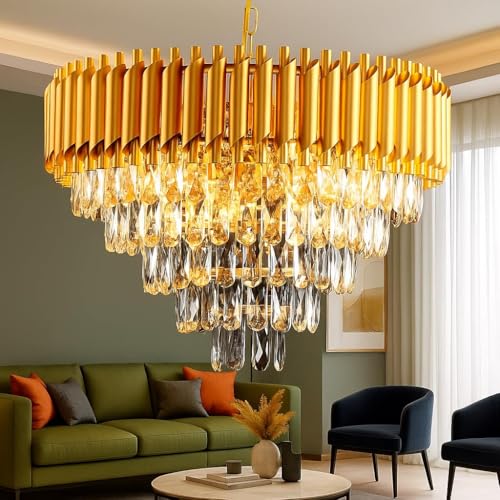 Image of Modern Crystal Chandelier Ceiling Light for Living Room, Dining Hall & Hotel | Luxury Pendant Jhoomar with K9 Crystals | 500MM Gold
