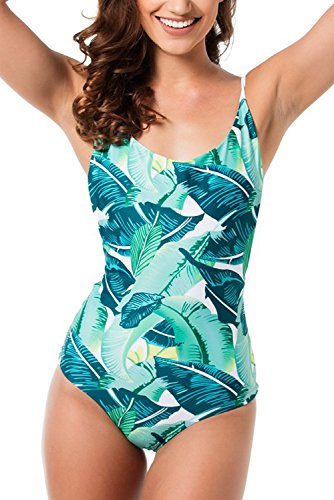 Qpladlse Swimwear Women's One Piece Swimsuit Reversible Lace-Up Bathingsuit(FBA) (S, Green Leaves)