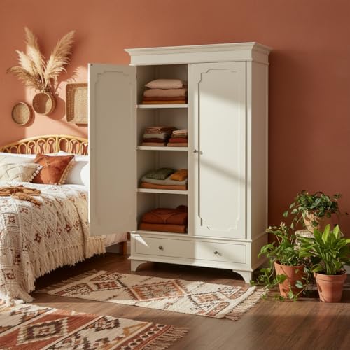 Image of APRODZ Wooden Wardrobe for Bedroom | 2 Door Engineer Wood Wardrobe with 1 Drawer | Wardrobe for Storage, Engineering Wood Clothes Cupboard & Wooden Almirah | Space Saving Wooden Cabinet Storage, White