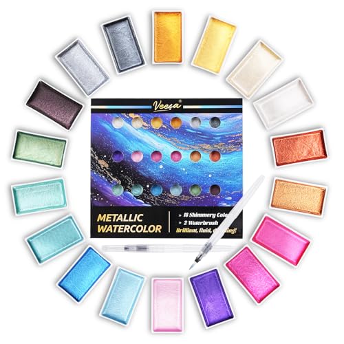 VEESA Metallic Watercolor Paint 18 Shimmer Colors + 2 Waterbrushes