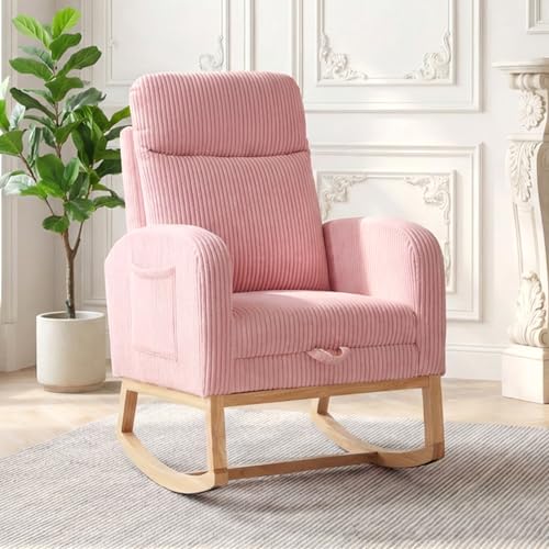 Image of Garvee Nursery Rocking Chair with Foot Rest,Corduroy Upholstered Reading Glider Chair,High Backrest & Side Pocket for Living Room, Bedroom, Baby Room