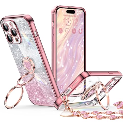 Image of XYZ for iPhone 14 Pro Max Back Cover Case with Stand, Phone Case with Double Ring Kickstand, Women Girls Bling Luxury Glitter Clear Phone Case Cover Heart for iPhone 14 Pro Max, Rose Gold