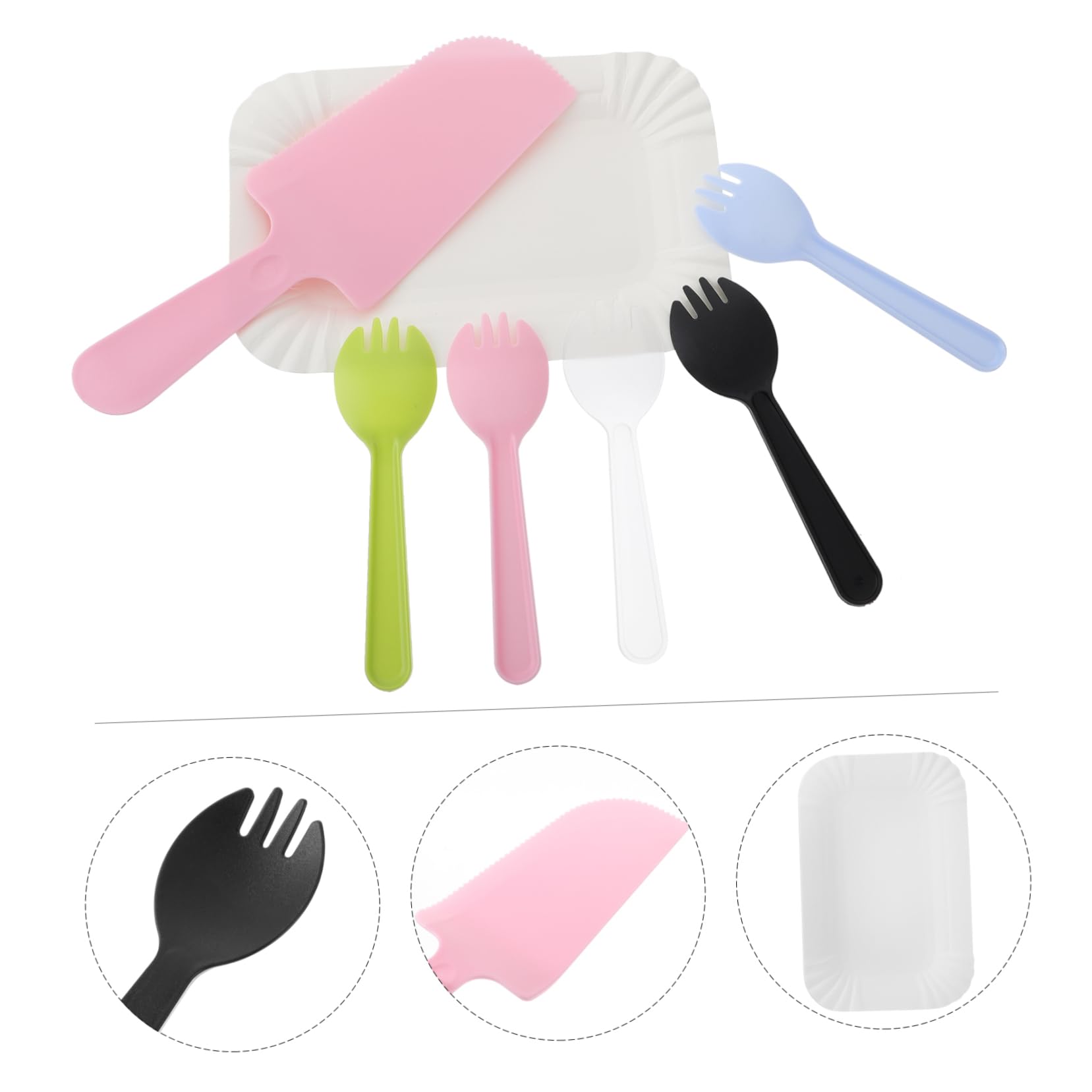 HOODANCOS 50pcs Birthday Cake Knife Fork Tray Set Dinnerware Party Tableware Set for Birthday Wedding Engagement Random Color
