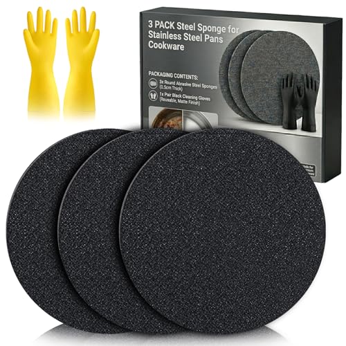 3PACK Korea Steel Sponge for Stainless Steel Pans Cookware - Croppable Professional Stainless Steel Pan Sponges for Heavy Duty Burnt-On Stain Removal Mirror Shine Restorer (3PCS)