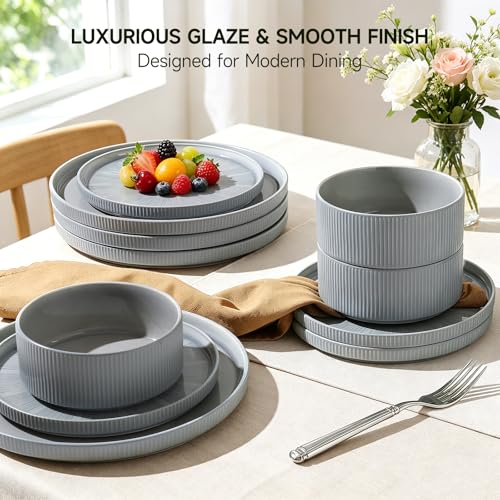 Image of Dinnerware Sets, Ceramic Plates and Bowls Set 12 Piece Dinnerware for 4 Chip Resistant Stoneware with Advanced Inkjet Printing Technology, Dishwasher and Microwave Safe-Smoky Blue