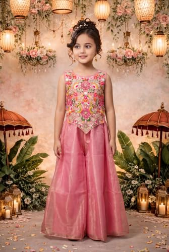 Image of Girls Art Silk Embroidered Kurta & Sharara Set | Festive & Wedding Traditional Outfit | Ethnic Wear for Kids | Stylish Sharara Suit Set