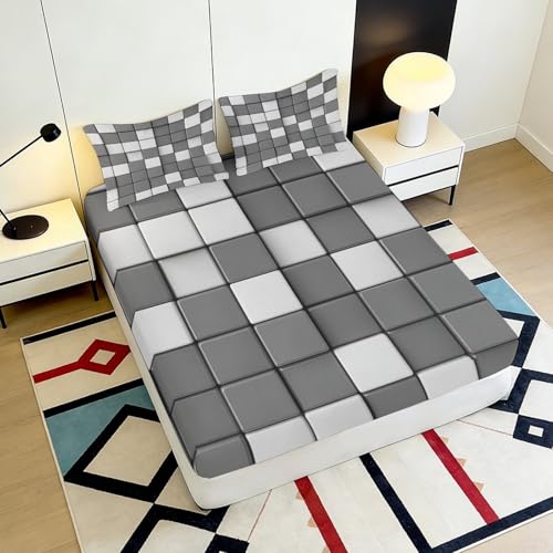 Drap housse mosaïque géométrique en microfibre grise pour matelas 90x200x25cm