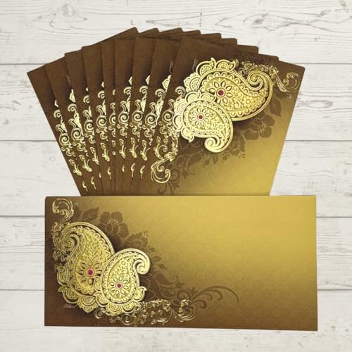 Image of Pack of 20, Golden Paisley Design Fancy Shagun Envelopes for Gifting Money Rectangle Shape Velvet Finish Paper Designer Sagan Lifafa Wedding Cash, 19 X 9 cm, Mustard Yellow Color