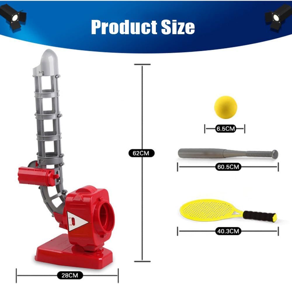 Kids Batting Baseball Ball Launcher, 2 in 1 Baseball and Tennis Pitching Machine, with Telescopic Baseball Bat, Tennis Racket, EVA Ball, Serving Speed 5-7s, 4 Angle Adjustment, for Tennis Training