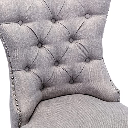 Chairus Dining Chairs Set Of 6 With Tufted High Back Retro Linen Fabric Upholstered Dining Room Chairs Side Chairs Rustic White Wood Legs Nailhead Trim Ring Pull- Grey 6Pcs #TOP4