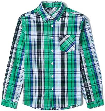Tronjori Boy's Long Sleeve Button Down Woven Shirt(10,Green Black)