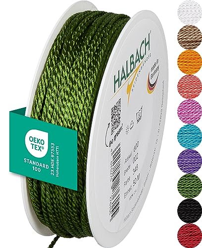 Halbach Seidenbänder Cordón Premium (Verde Musgo), Ancho 2 mm, Longitud 50 m, Fabricado en Alemania y Certificado Öko-Tex, cordón de satén Brillante de Acetato