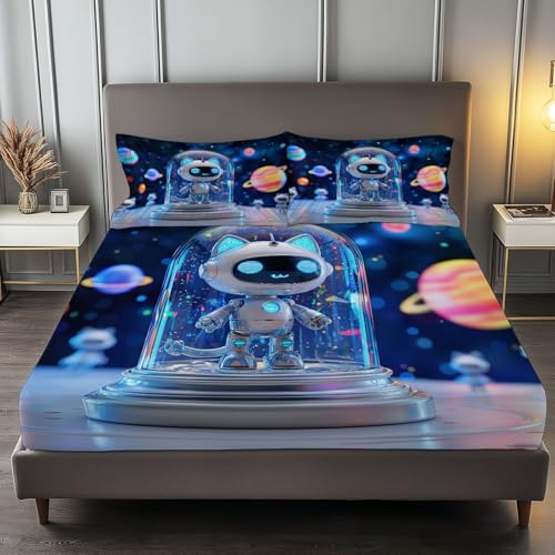 Dibujos Animados Sábana Bajeras Ajustables, Microfibra Sábana Bajera 150 x 200 cm, Azul Juego de Ropa de Cama Adecuada para Un Colchón con Una Altura de 30cm con Funda de Almohada