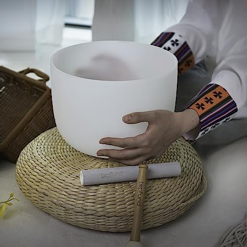 TOPFUND B Note Crystal Singing Bowl Crown Chakra 10 Inch with Heavy Duty Carrying Case and Suede Mallet
