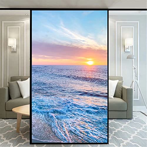 Non Adhesive Decorative Privacy Frosted Window Film Sunset by The Sea Pattern Glass Door Window Covering Window Decals Window Sticker for Home Office 65x130cm(25.6