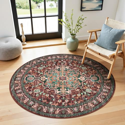 U'Artlines Boho Round Area Rug 4ft Machine Washable Carpet, Rust＆Teal