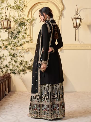 Image of Designer Palazzo Sharara Suit Set with Embroidered Dupatta, Traditional Indian Ethnic Dress, White and Black Variants