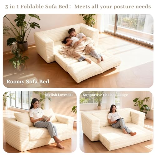 Image of HABUTWAY 62 inch Small Boneless Couch,3-in-1 Convertible Folding Sofa Bed, Corduroy Loveseat Sofa Bed w /2 Pillows for Living Room /Guest Room No Assembly Required, Beige
