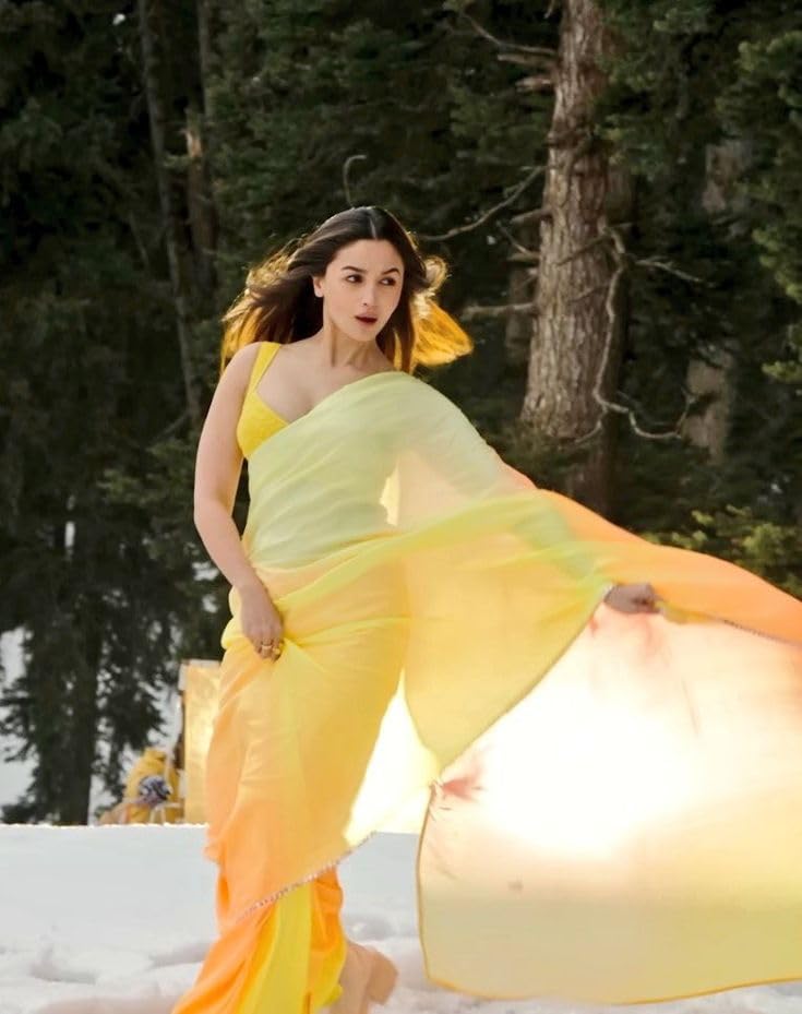 Image of AKHILAM Women's Colorblocked Celebrity Organza Rocky Aur Rani Ki Prem Kahani Alia Bhatt Saree With Unstitched Blouse Piece (ALIA1010-1)