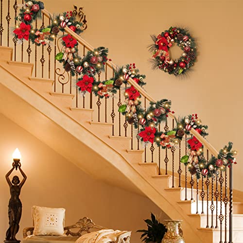 Christmas Lighted Garland with 20 LED Lights, 6 FT Pre-Lit Xmas Garlands for Front Door, Red & Gold Garland Decored with Ball Ornaments Ribbons Bows Xmas Flowers for Fireplace Mantel Porch