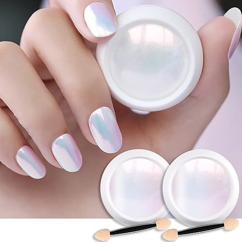 evpct 2Pcs Pearl White Mermaid Aurora Chrome Nail Powder Kit