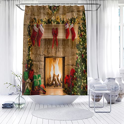 Kryfa Christmas Fireplace Shower Curtains For Bathroom, Vintage Christmas Eve Stocking Shower Curtain, Farmhouse Christmas Shower Curtain Christmas Bathroom Decor (Fireplace) #TOP2