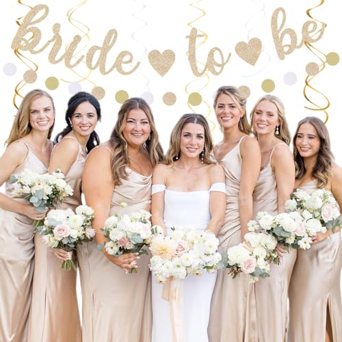 Image of White Champagne Gold Boho Bachelorette Party-Decorations - 21pcs Women Bridal Shower Banner Garland,Bride To Be Paper Streamers Lanterns,Flower Tissue Pom Poms Fan Favors Wedding Decor Huglony