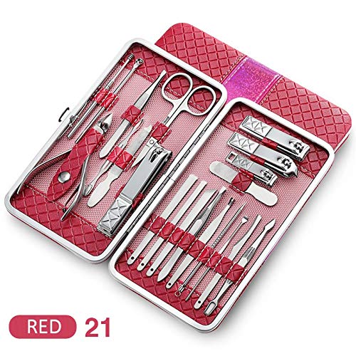 Juego de cortaúñas Kit de manicura de acero inoxidable, cortaúñas profesional, herramientas de cuidado de pedicura, herramientas de aseo con Funda de cuero PU, 21 Uds. Herramientas de pedicura para pi